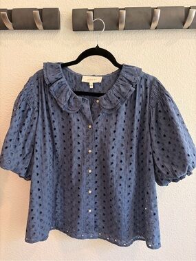 THE GREAT. Blue Eyelet Ruffle Collar Button-Front Blouse